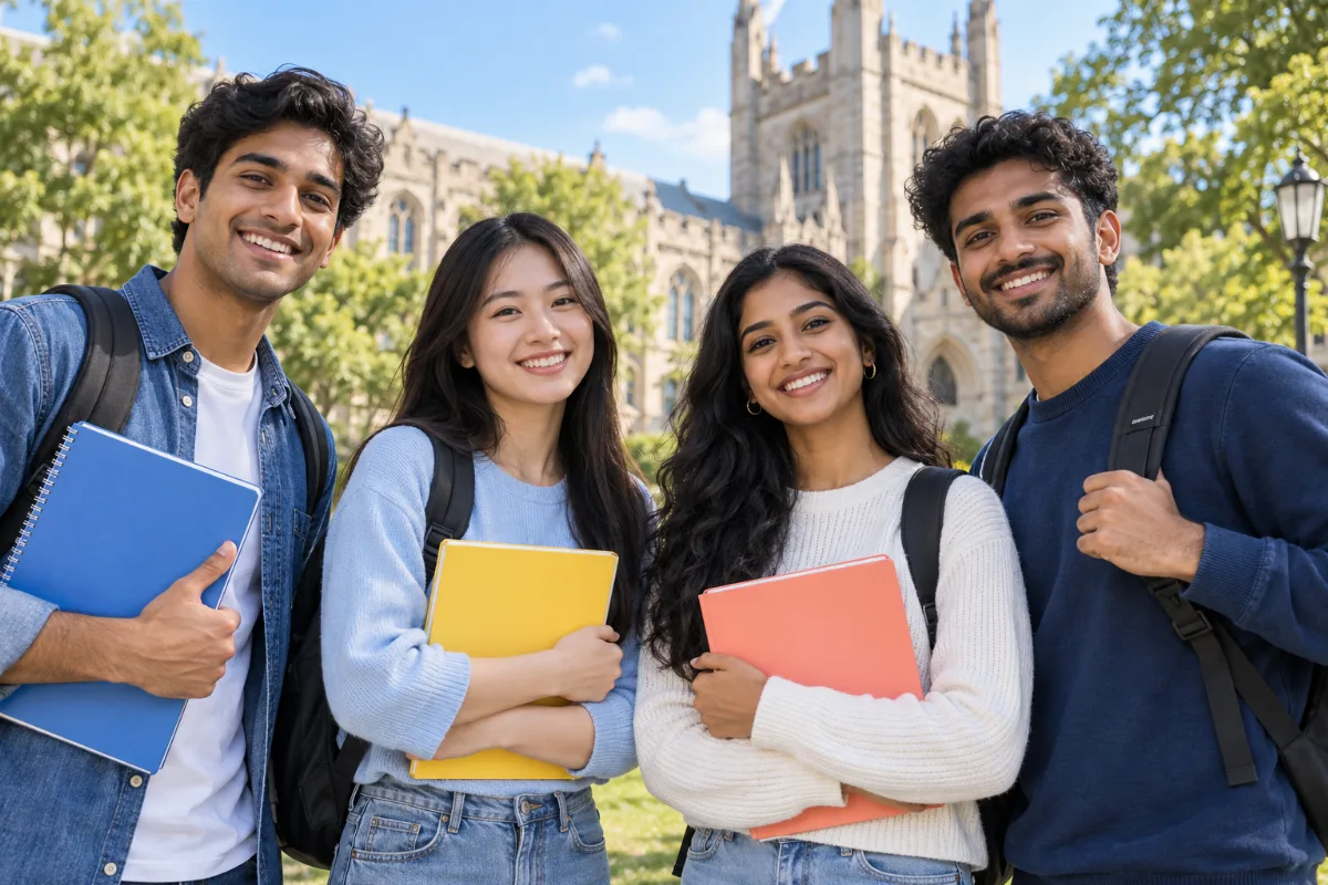 International students with books and backpacks on a university campus