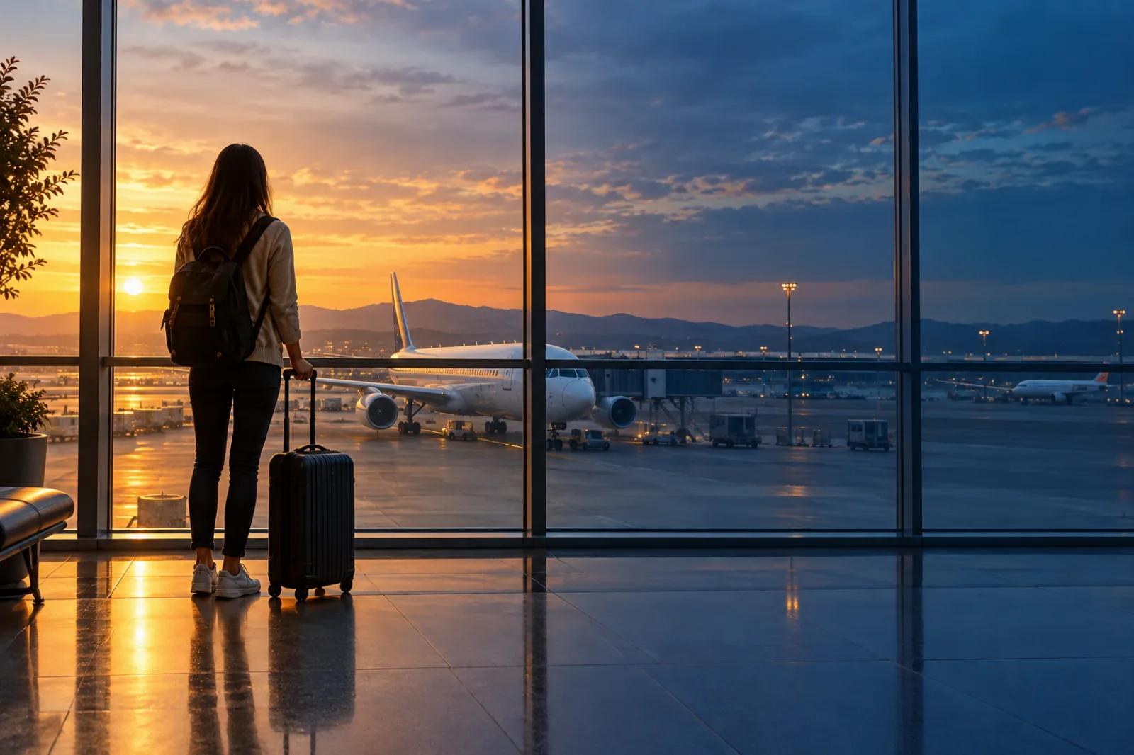 Traveller looking out over the airport runway