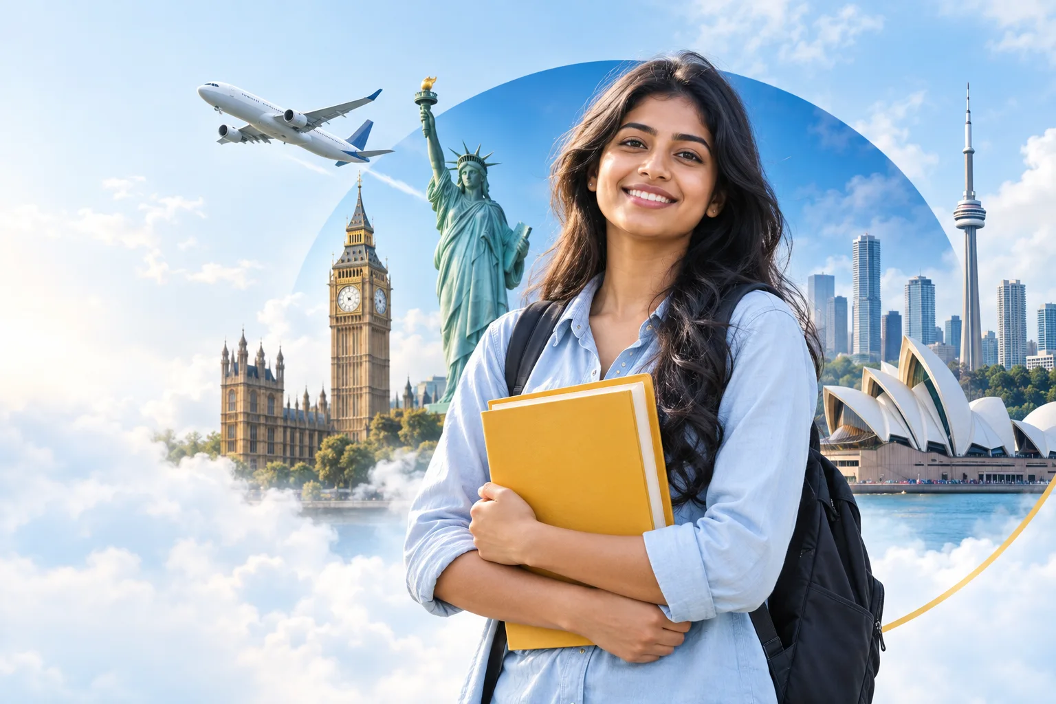 Student holding books with iconic international landmarks and an airplane behind her