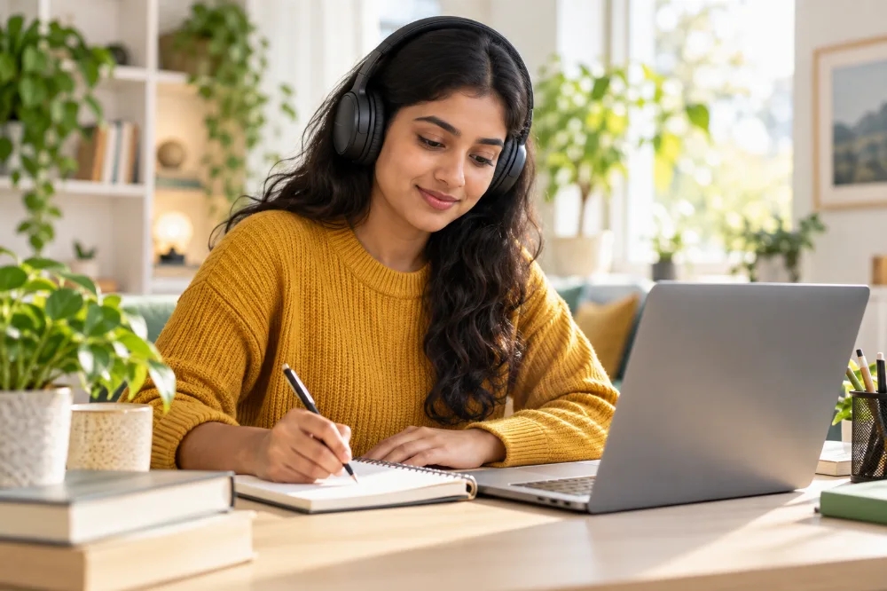 Student preparing for an English test with study notes and a laptop